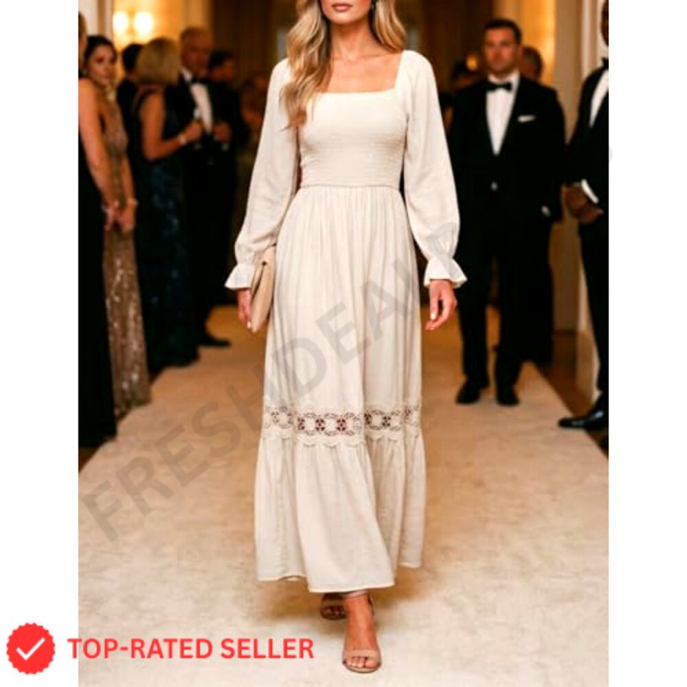Boho Maxi Dress Long Sleeve Square Neck Smocked High Waist Flowy Lace Trim - Picture 5 of 7